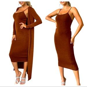 2-Piece Bodycon Midi Dress with matching Duster, brown, size small